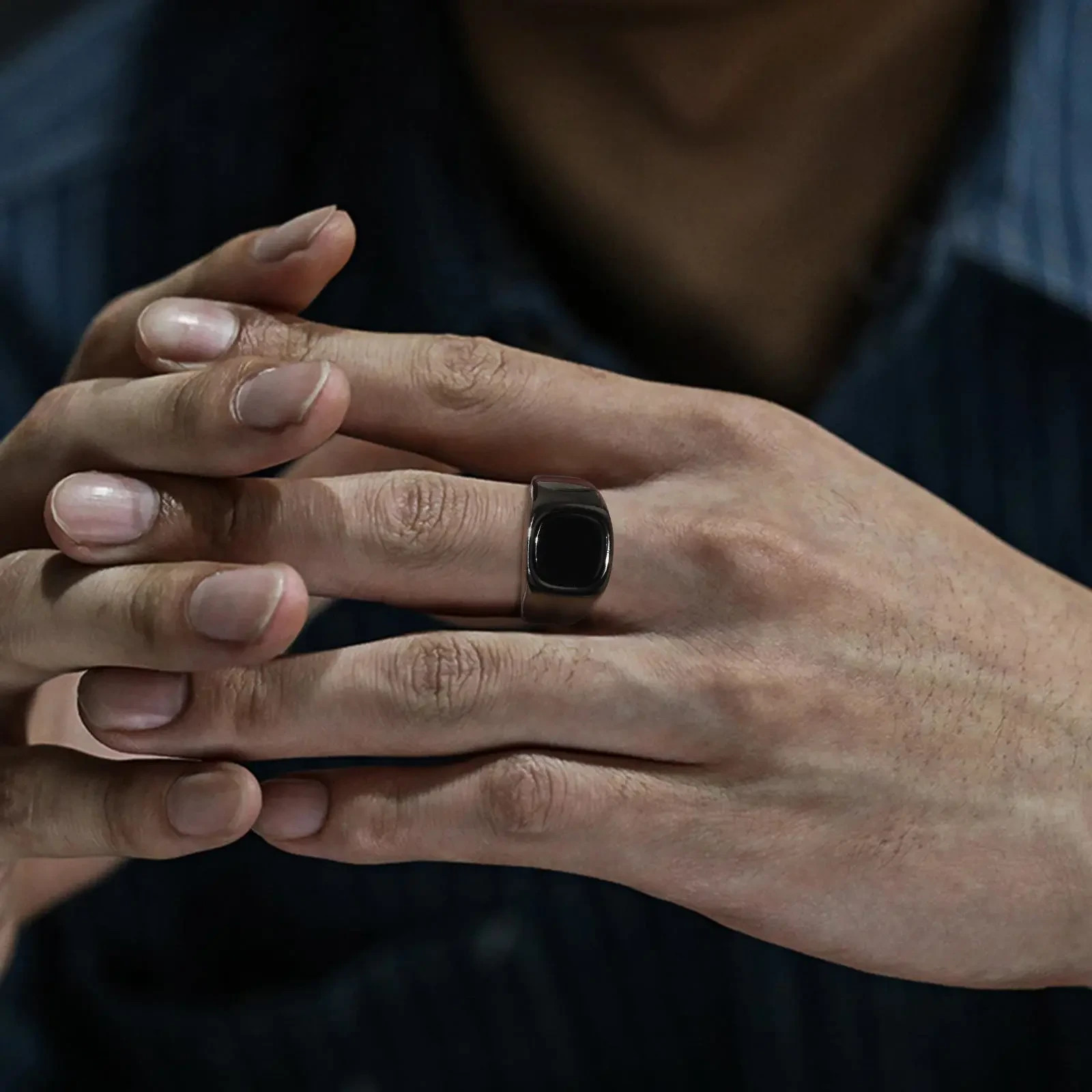 Stylish Fashion Black Stone Men Waterproof Stainless Steel Square Signet Ring