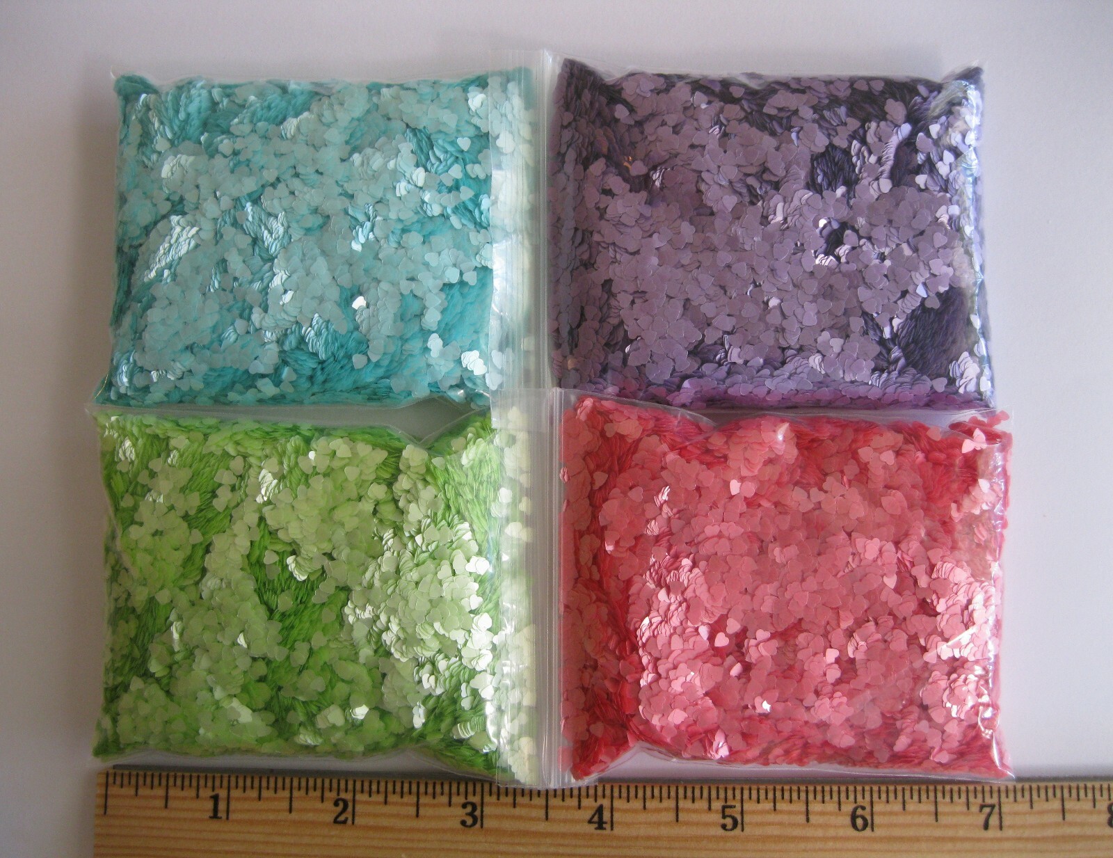 HEART GLITTER - LAVENDER, AQUA, LT. GREEN, PINK - 4 OUNCES TOTAL - HEARTS