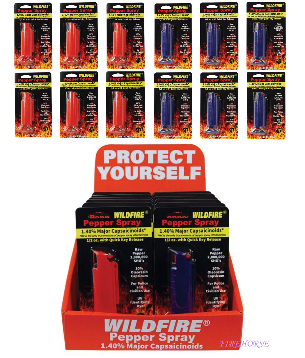 [LOT OF 12] RETAIL COUNTER DISPLAY RED & BLUE WILDFIRE PEPPER SPRAY.  Inc. Case