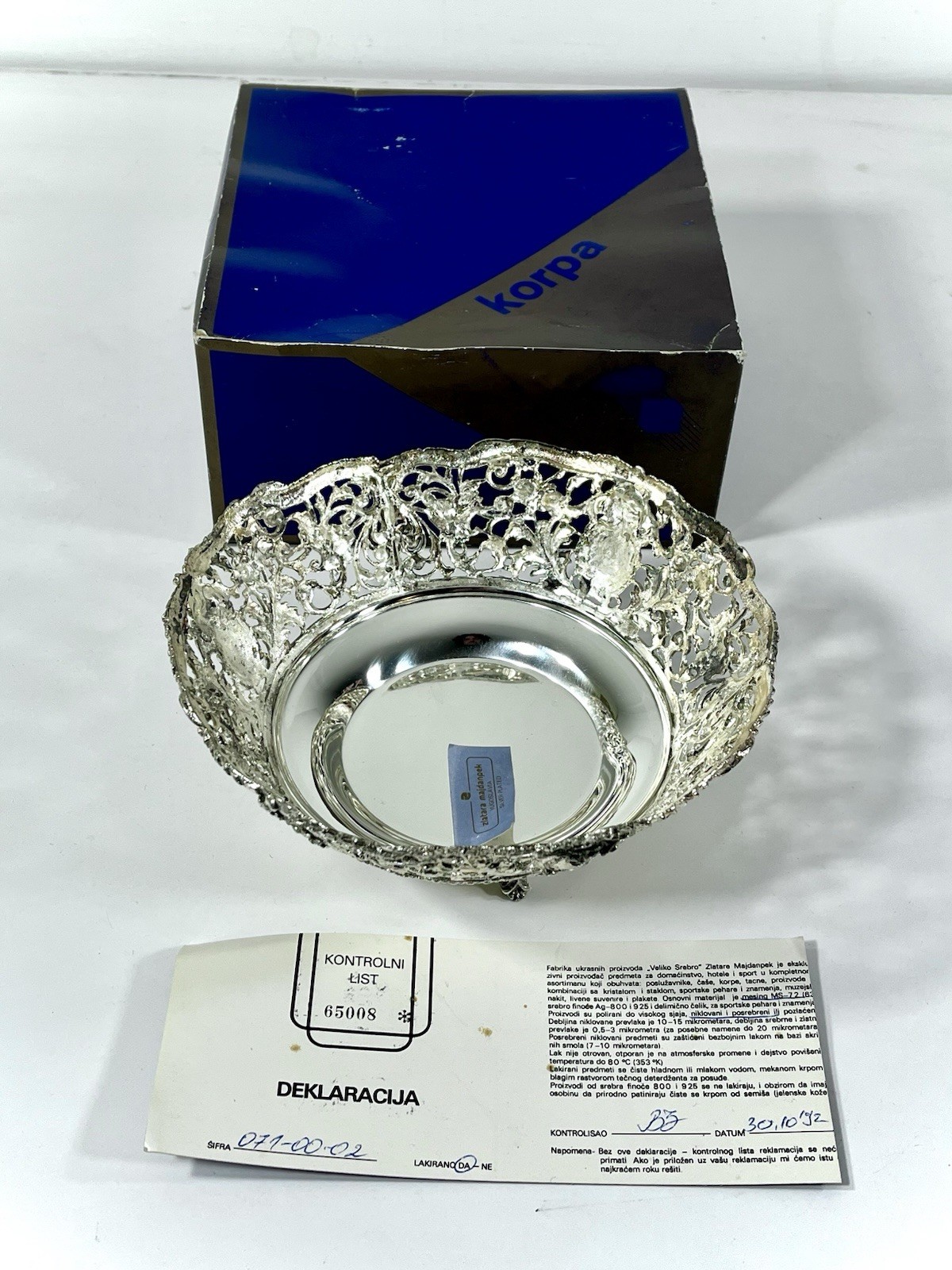 New In Box Old Stock KORPA 7” Silver Plate Vtg Filigree Display Jewelry Bowl SP