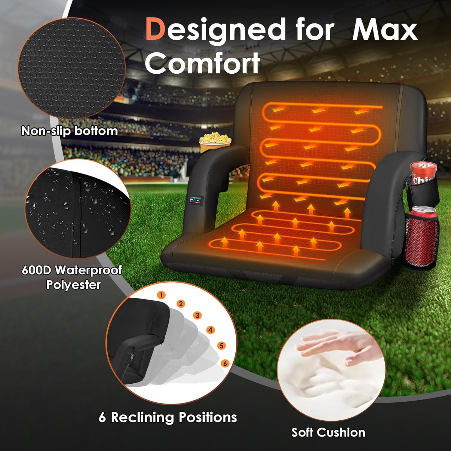 Dual-Sided Heated Stadium Seats for Bleachers with Back Support, 20000Mah Power