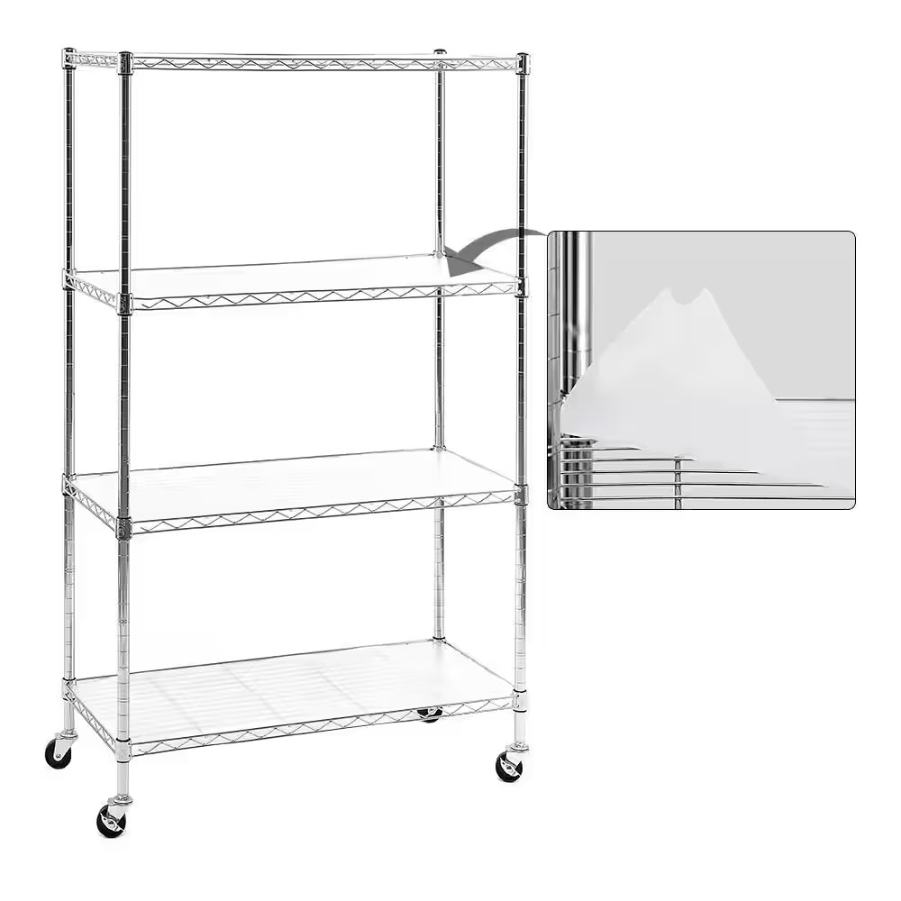 Chrome 4-Tier Rolling Carbon Steel Wire Garage Storage Shelving Unit with Caster