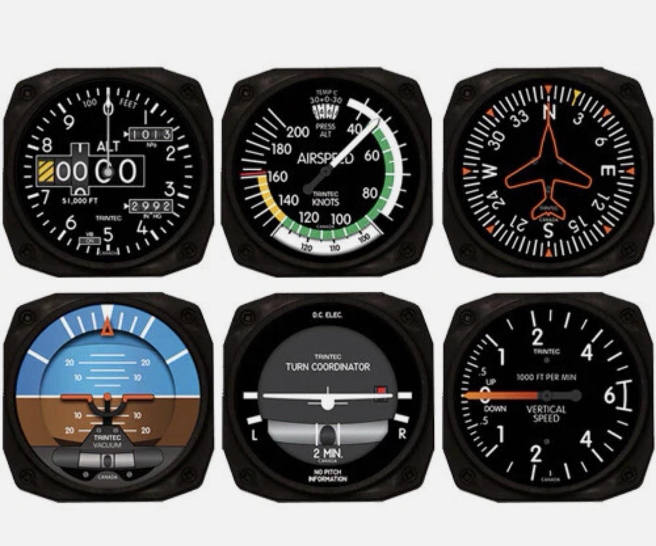 NEW Trintec Aircraft 2060 Instrument Coaster Set 6pc Coasters Aviation Aviatrix