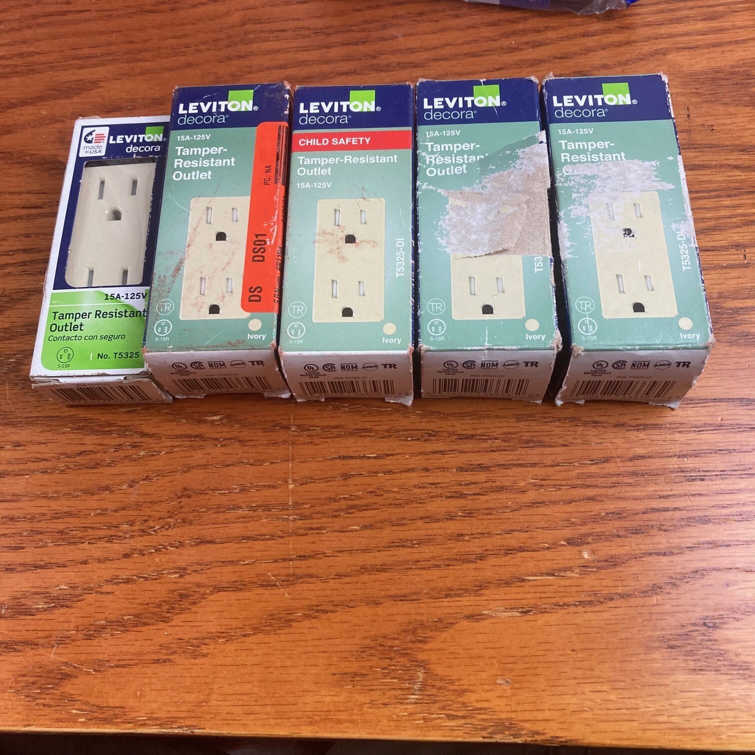 (5)-Leviton Decora 15A Ivory Tamper Resistant 5-15R Duplex Outlet R58-T5325-0DI