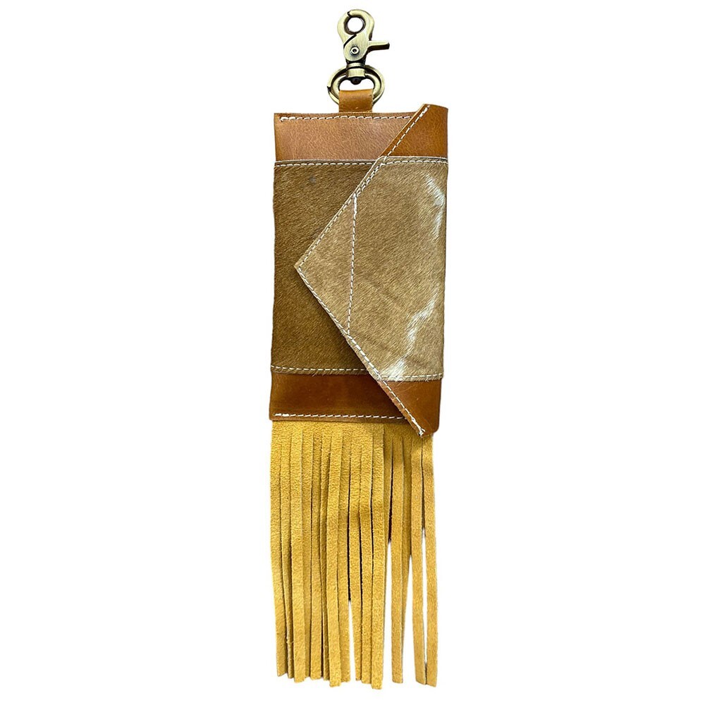 PHONE POUCH HOLDER Golden Plains HAIR ON COWHIDE Clip Phone Pouch with Fringe