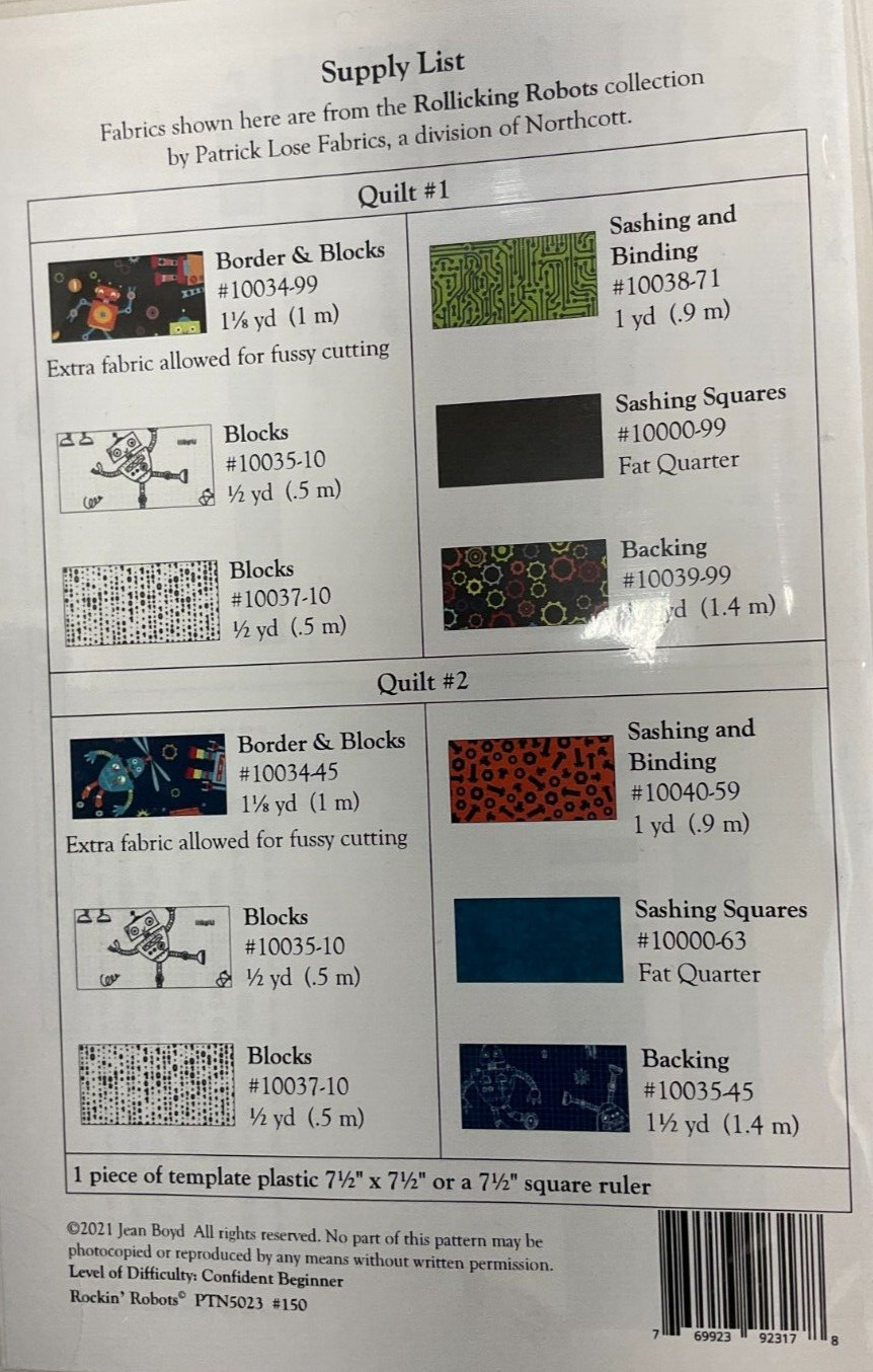 PATTERNS BY JEAN BOYD #PTN5023-150 ROCKIN' ROBOTS QUILT