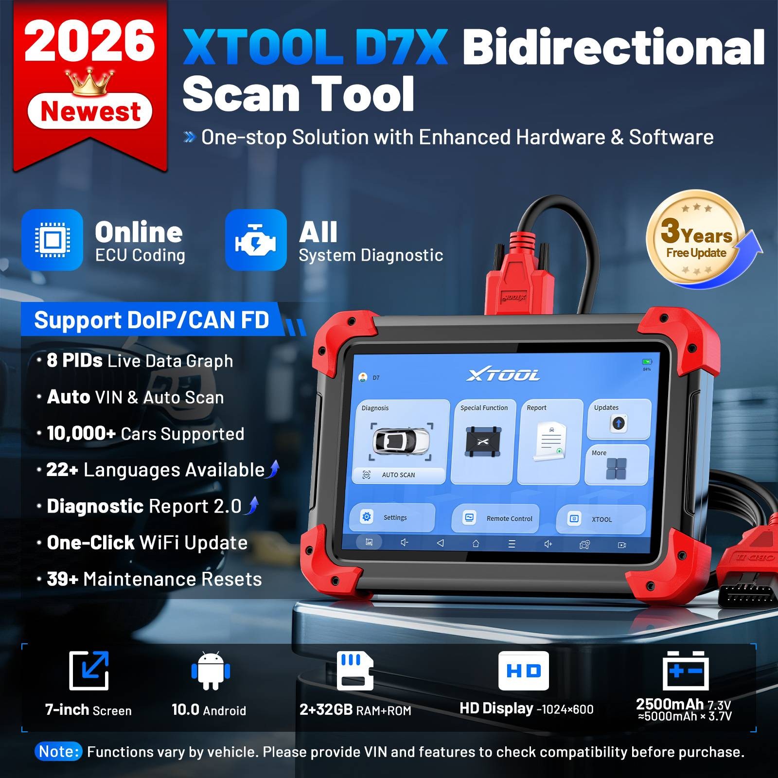 2026 XTOOL D7X V2.0 Diagnostic Tool Full System OBD2 Scanner Key Fob Programming