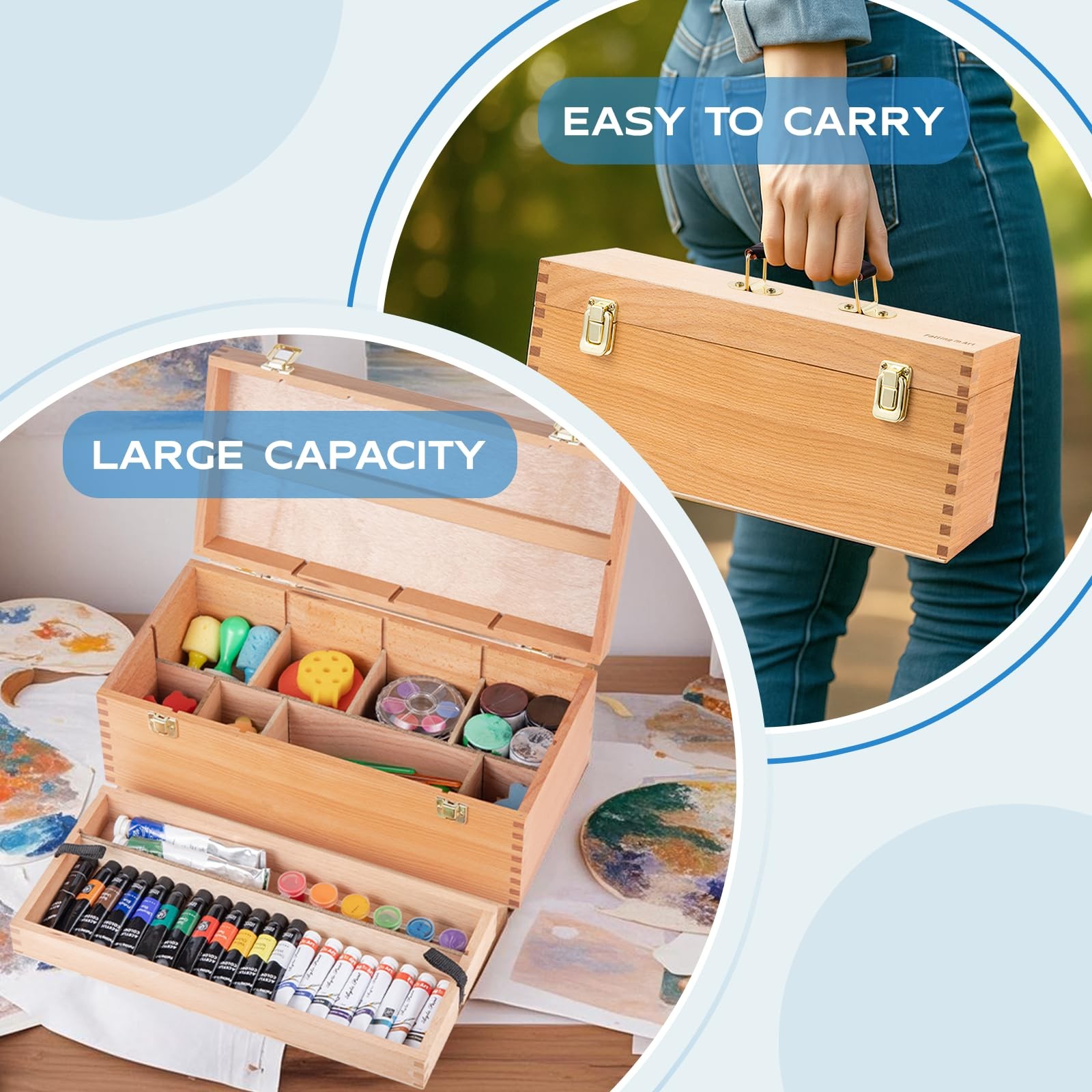 Large Art Supply Storage Box, Solid Beechwood Tool Box, Artist Storage Organizer