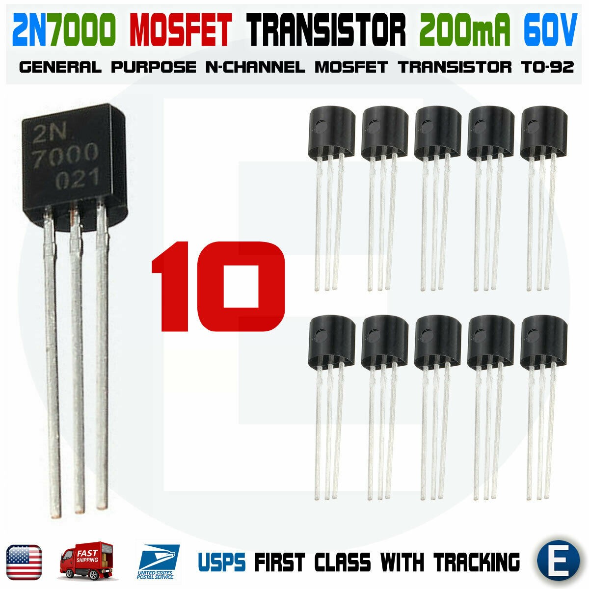 10pcs 2N7000 MOSFET N-CHANNEL 60 Volts 0.2 Amps Field Effect Transistor TO-92