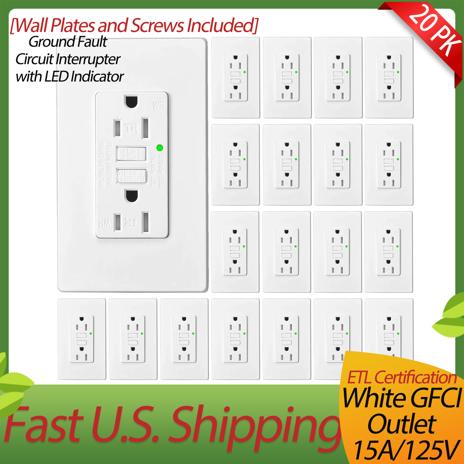 20 x Greencycle GFCI Outlet 15A,Weather Resistant,Residential & Commercial Grade