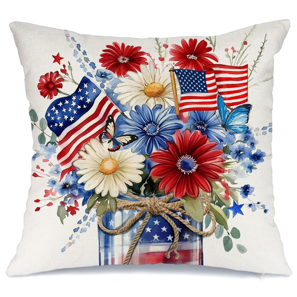 4th of July Decorations Floral Mason Jar Memorial Day Pillow Cover 18x18 Inch