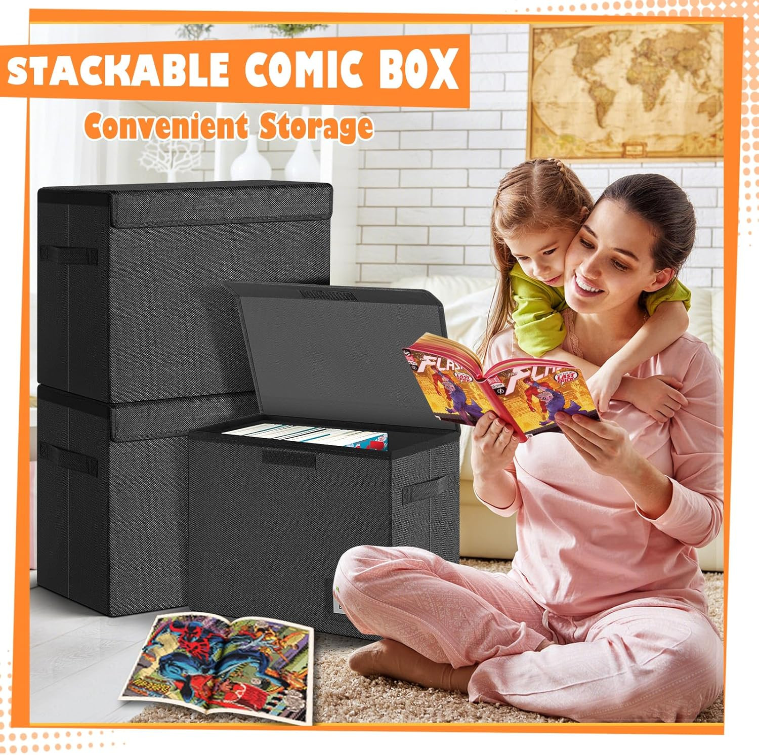 Heavy Duty Collapsible Comic Book Storage Box - Holds 150 Comics, Black