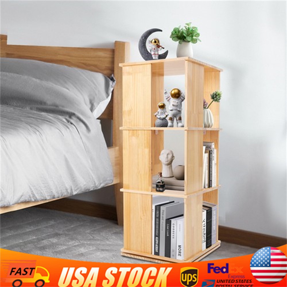 3 Tiers 360 Rotating Bookshelf Display Floor Standing Wood Bookcase Storage Rack