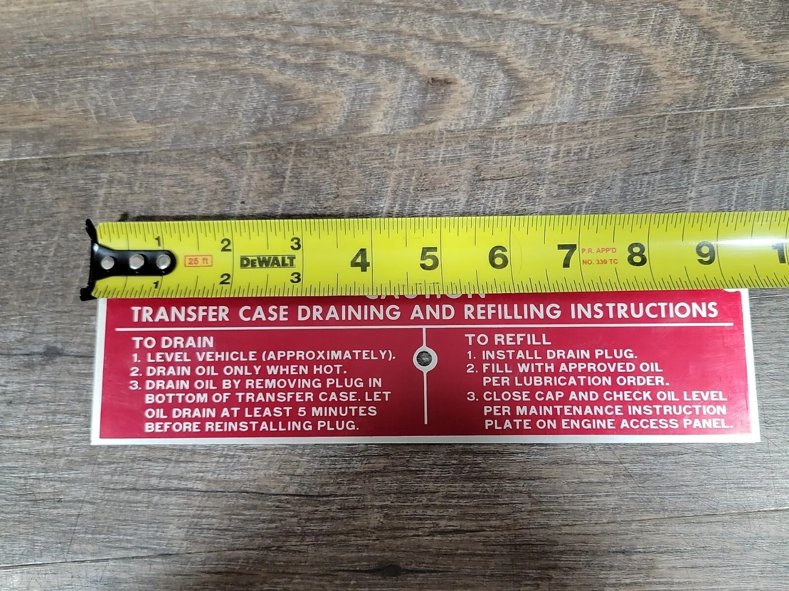 Nos 1969 Red Caution Transfer Case Draining And Refilling Plate Military? Jeep?