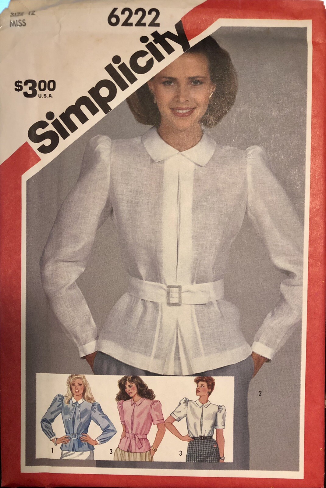 SALE! UNCUT MISS Blouse Pattern 6222 SIMPLICITYVntg1983 FITTED-BACK BUTTON, BELT
