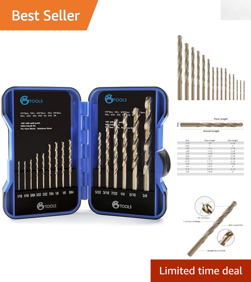 M35 HSS 15-Pcs Cobalt Drill Bit Set with Indexed Case, 135-Degree Precision