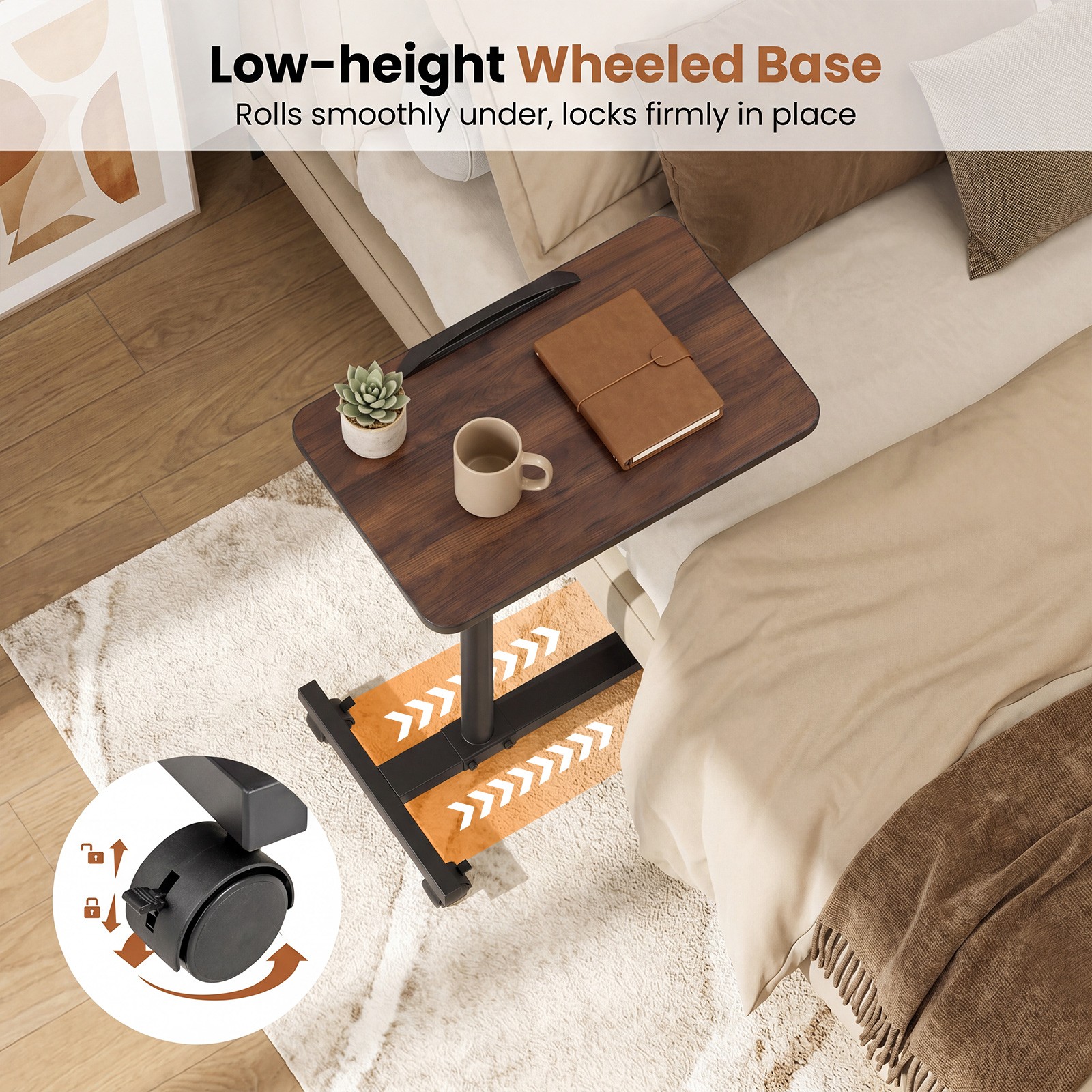 Overbed Table w/Lockable Wheels, Adjustable Height, 360° Swivel for Small Spaces