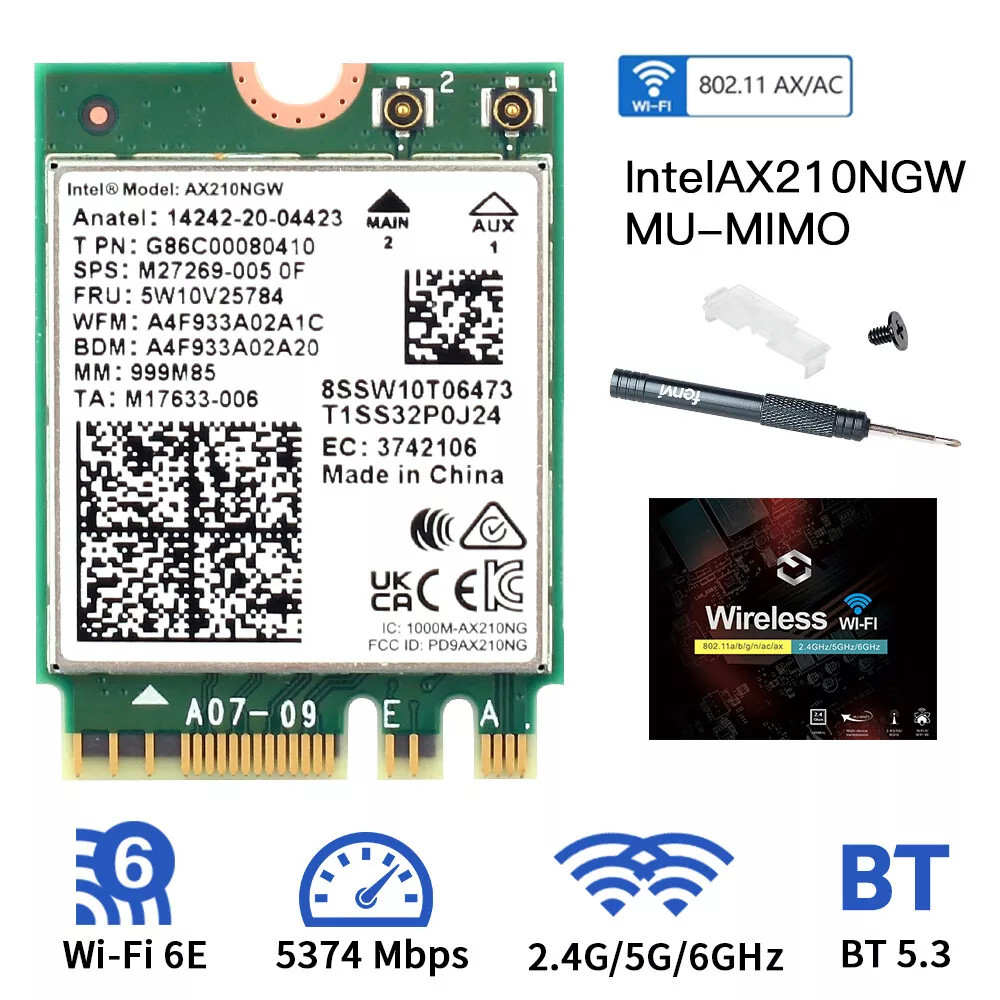 Intel AX210 WiFi 6E M.2 Card Tri-Band 6GHz & Bluetooth 5.3 NGFF Interface for PC