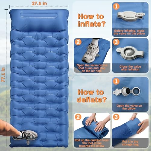 Sleeping Pad, 6 Inch Sleeping Mat Camping Self Inflating Sleeping Blue-single