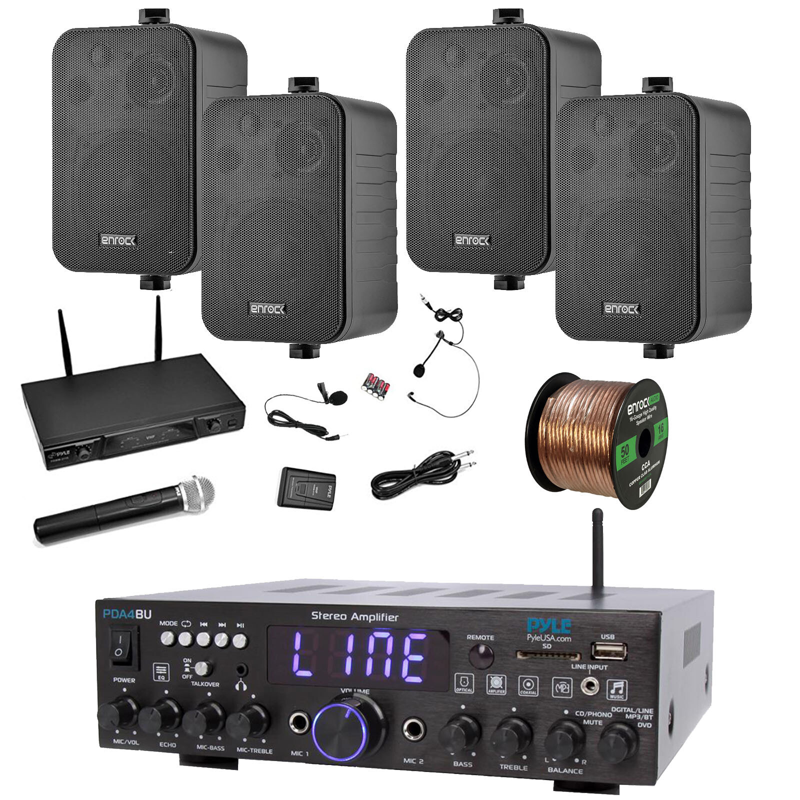 Pyle Bluetooth Receiver, Microphone System, 4x 4" 30W Speakers, Speaker Wire