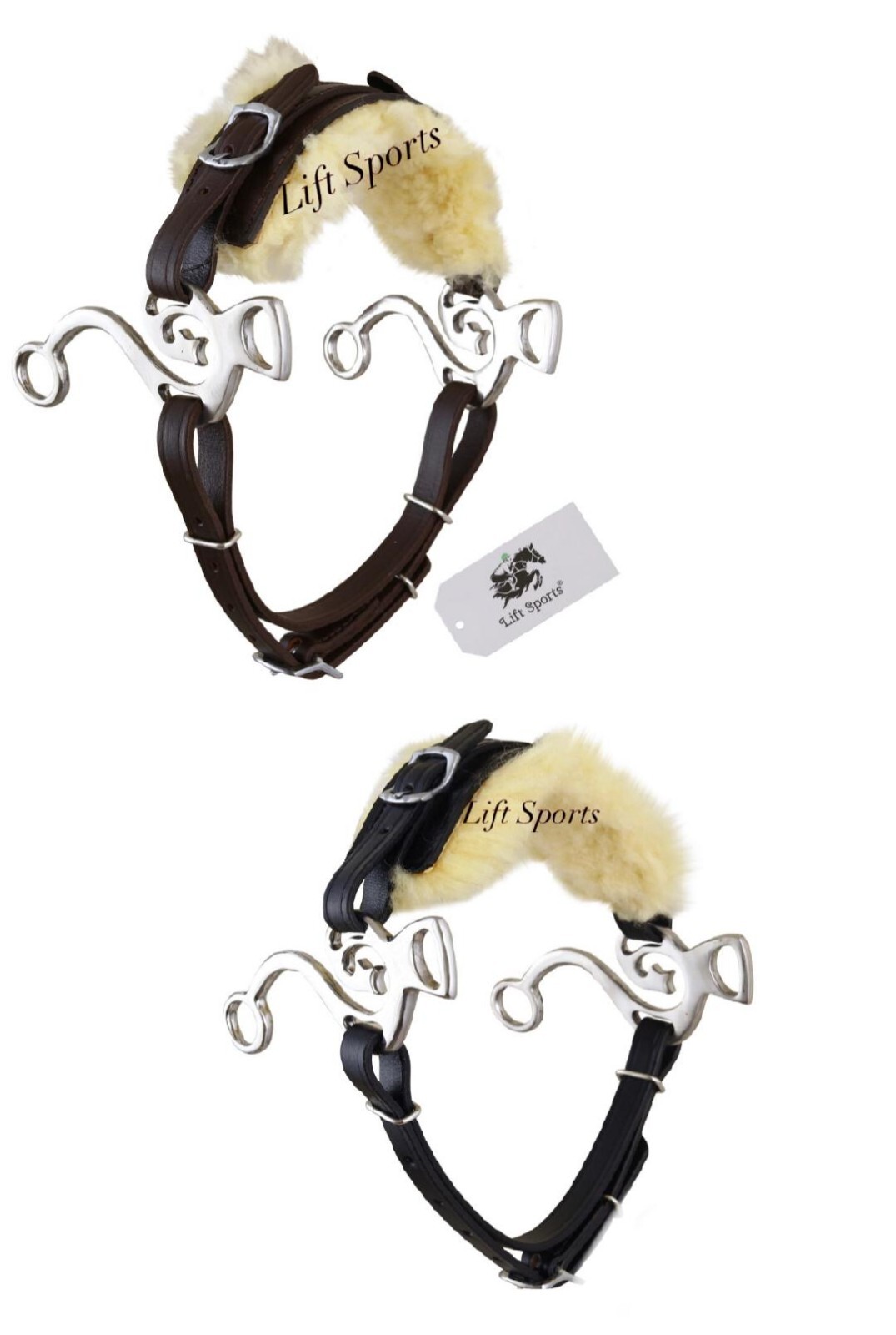 Brown-Black Hackamore Bitless Horse Bit with Fur Adjustable Leather Bridle Steel