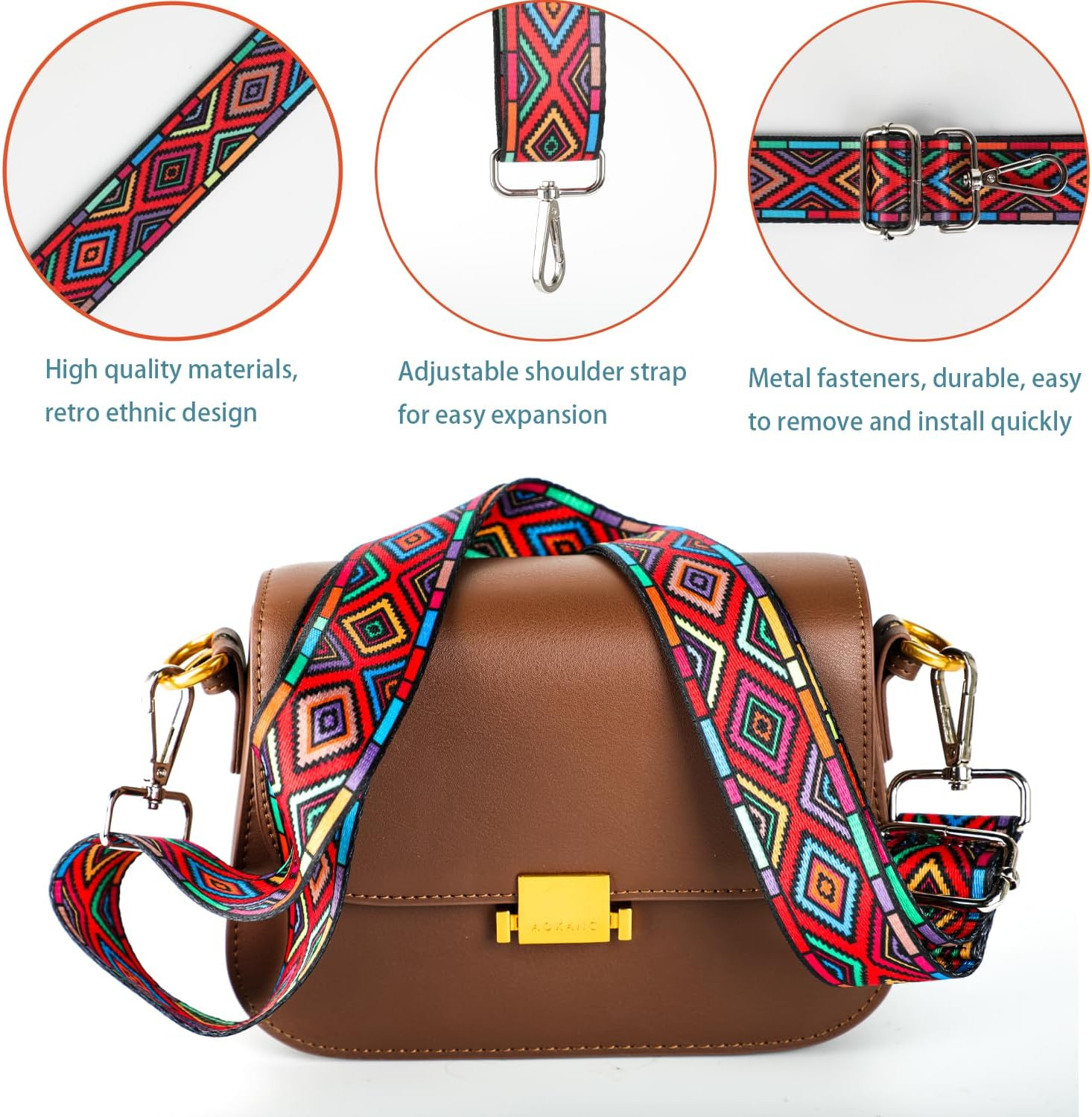 2 PCS Purse Strap, 1.5" Wide Shoulder Strap Adjustable Replacement Retro Multi-p