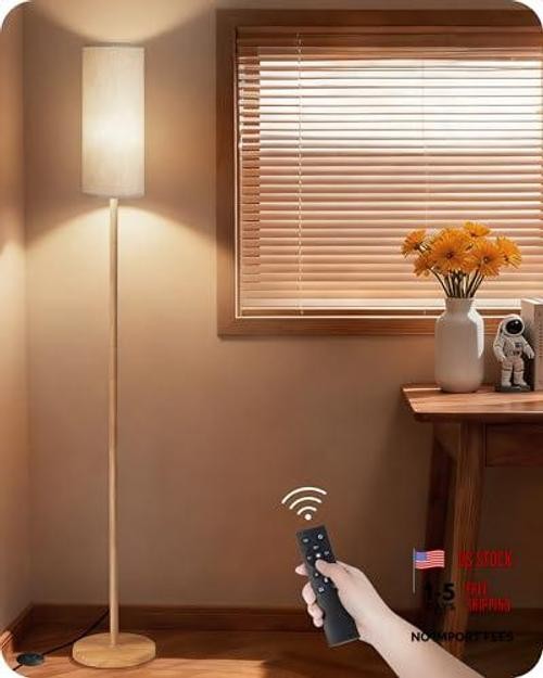 Wooden Textured Pole Lamp—Dimmable Floor Lamps—Beige and Wooden