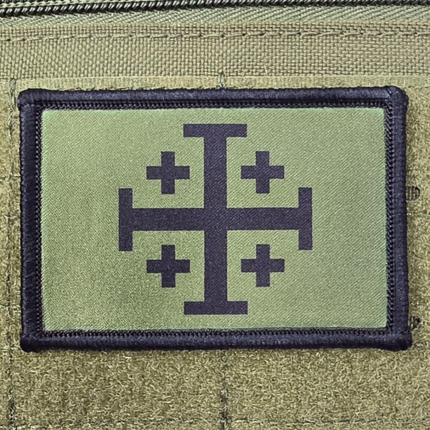 Jerusalem Cross Patch Moral Tactical Green Military Army USA Hook & Loop 3x2