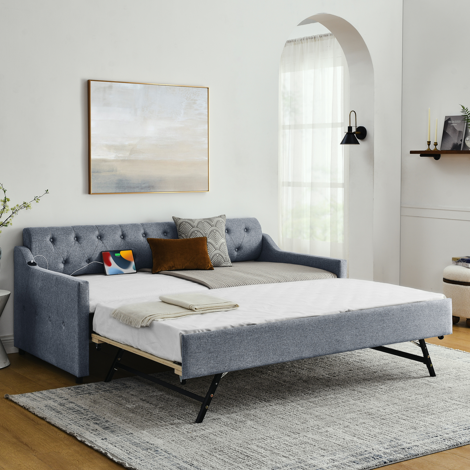 Twin Size Upholstery DayBed with Twin Size Erectable Trundle and USB Charging