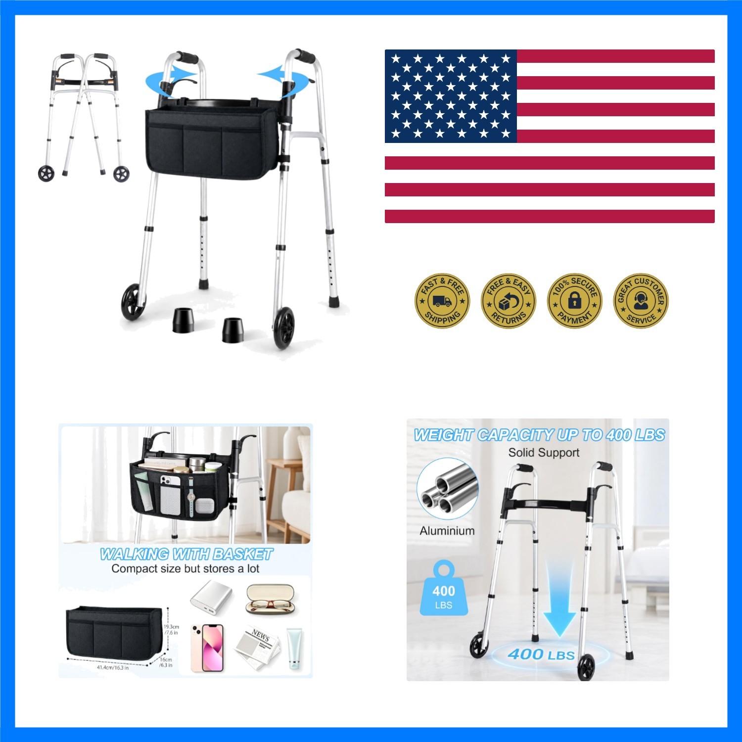 Folding Walkers for Seniors with Basket: Standard Walkers for Seniors Lightwe...