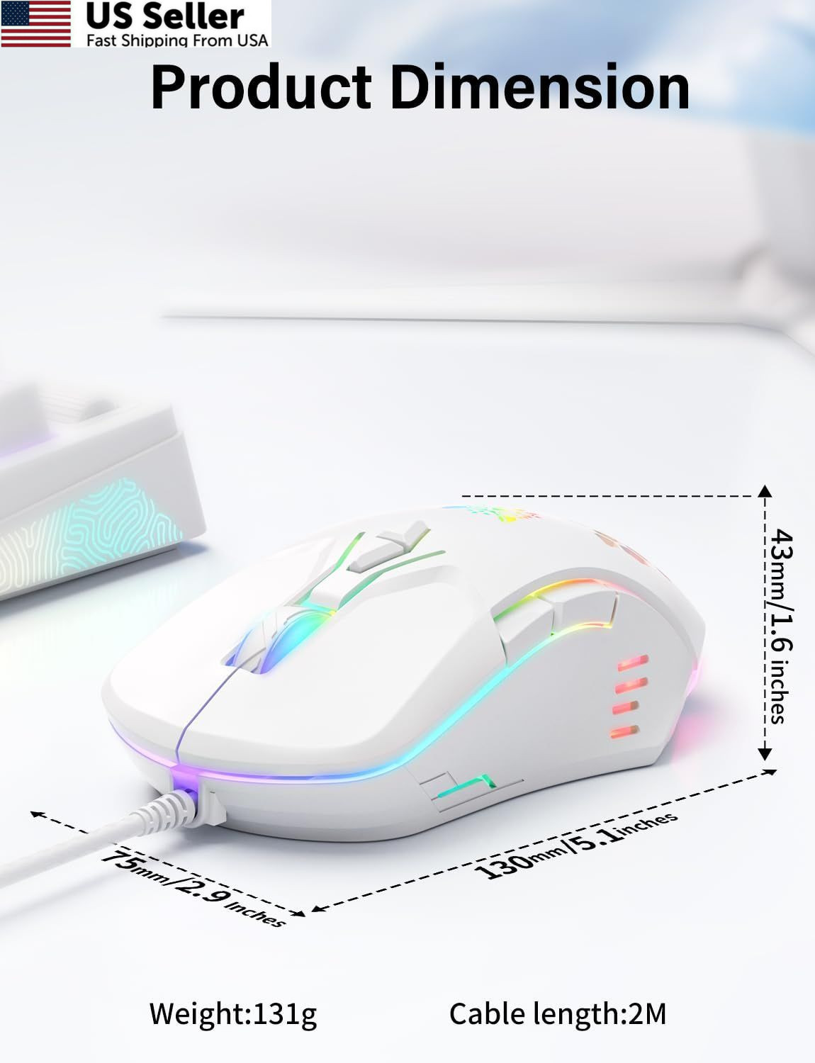 ONITOON Wired USB Mouse, Computer Mouse with RGB Lighting, 4 Adjustable White