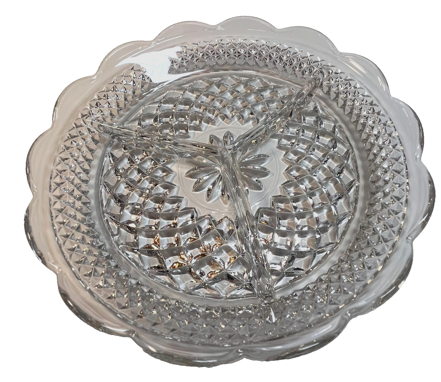 Clear Glass Wexford 3 Section Divided Relish Dish 8.5 inches round