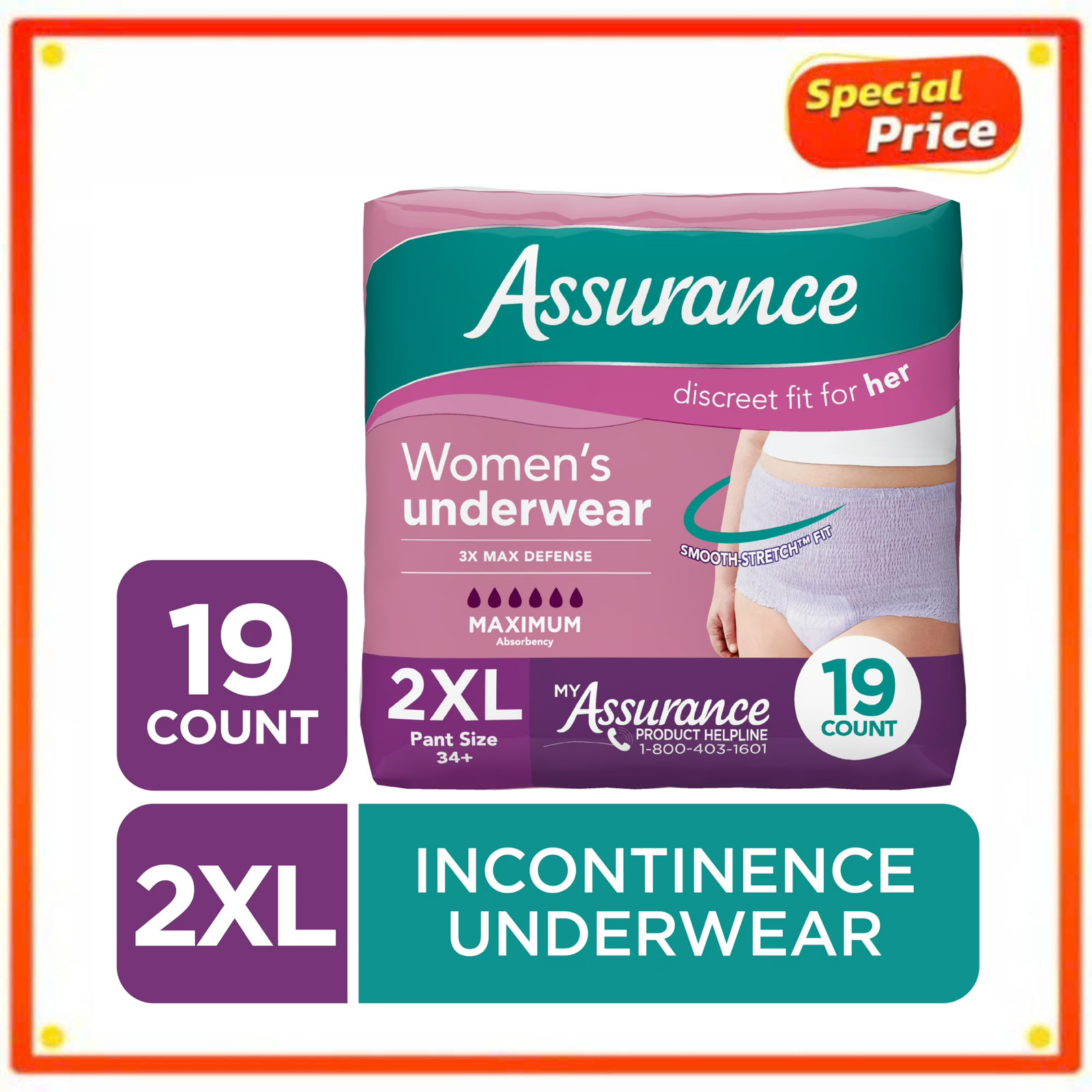 19 Count Assurance Womens Maximum Absorbency Incontinence Underwear Size XXL New