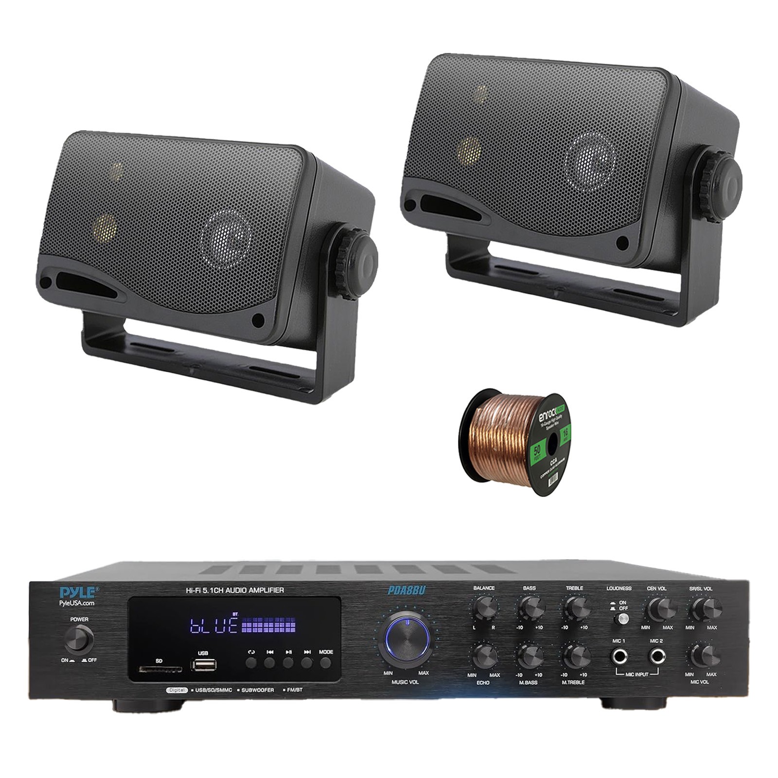 Pyle PDA8BU 5.1 Channel Home Audio Bluetooth Receiver, 2x 3.5" 200W Speaker,Wire