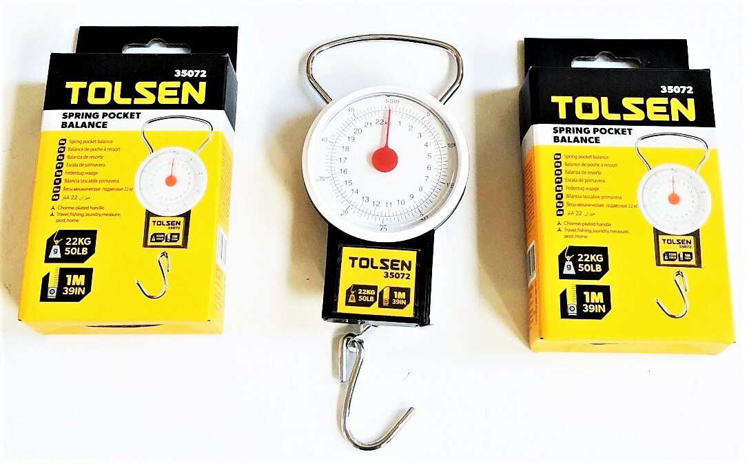 2 TOLSEN 50LB SPRING BALANCE HANGING POCKET SCALE WITH 39" TAPE MEASURE FISHING