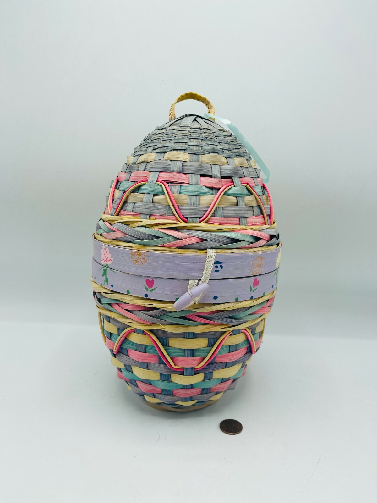 Wicker Easter Egg Basket Hanging Purse Hand Painted 10.5 x 7.5 Cottagecore