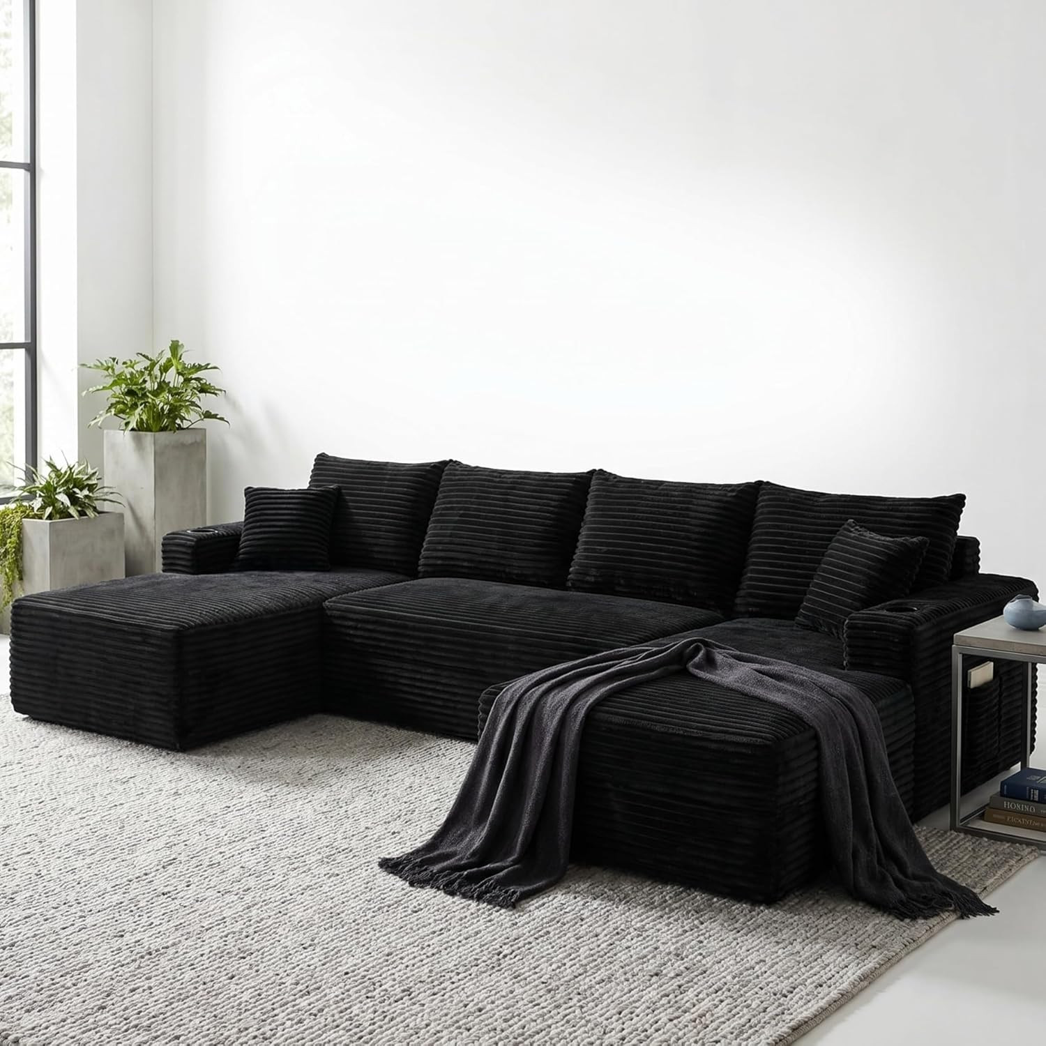 134" U-Shaped Modular Sofa with Cup Holders & Pockets - No Assembly, Black