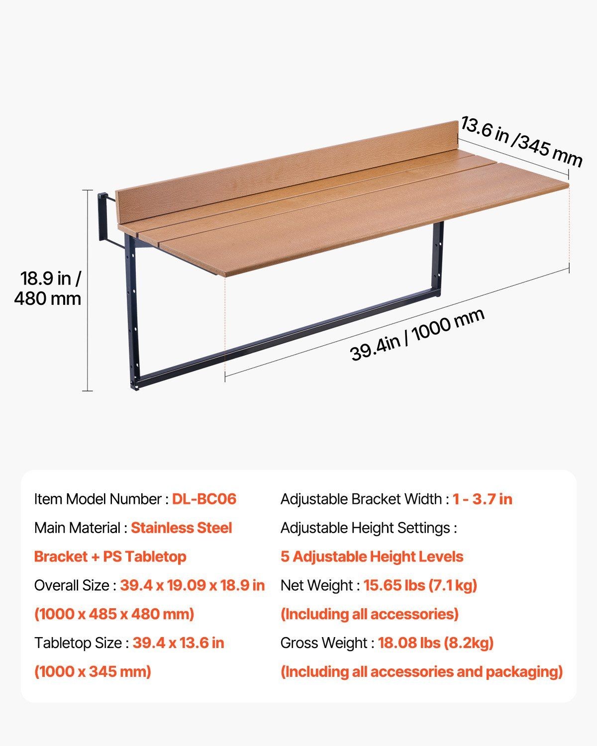 Rust-Resistant Balcony Table 15x39in 5-Setting Adjustable Foldable 50lb Support