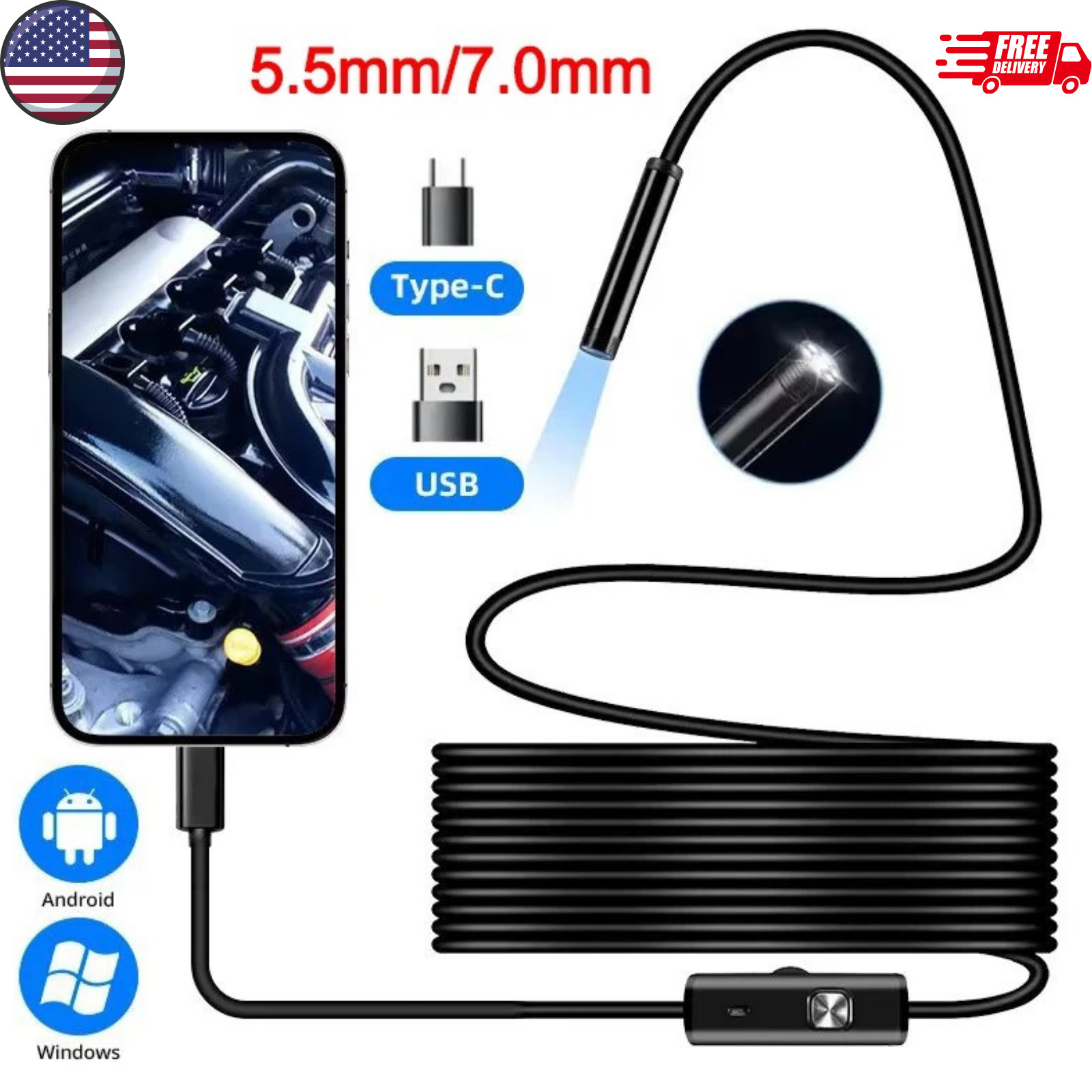 6LED USB Snake Flexible Endoscope Camera 5.5/7mm Type C Borescope for Android PC