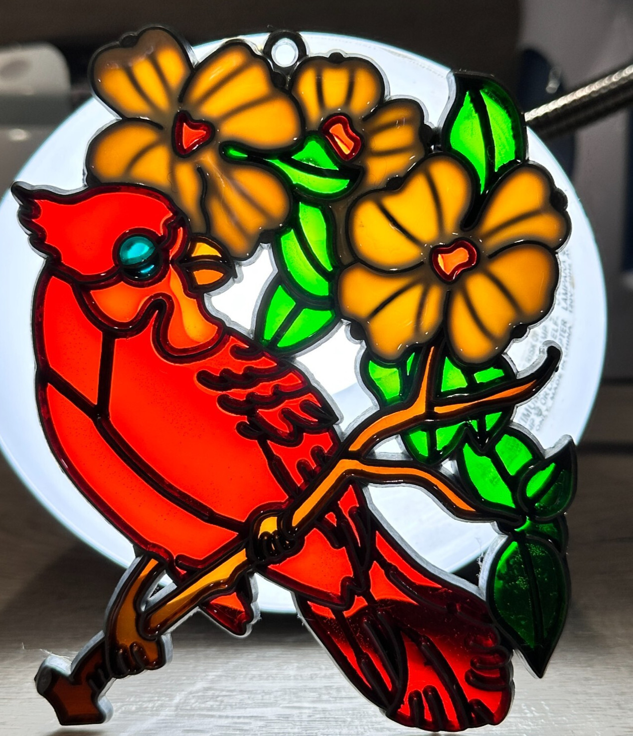 VTG Cardinal Sun Catcher Ornament Ruby Red, Branch w/3 White Dogwood Flowers EUC