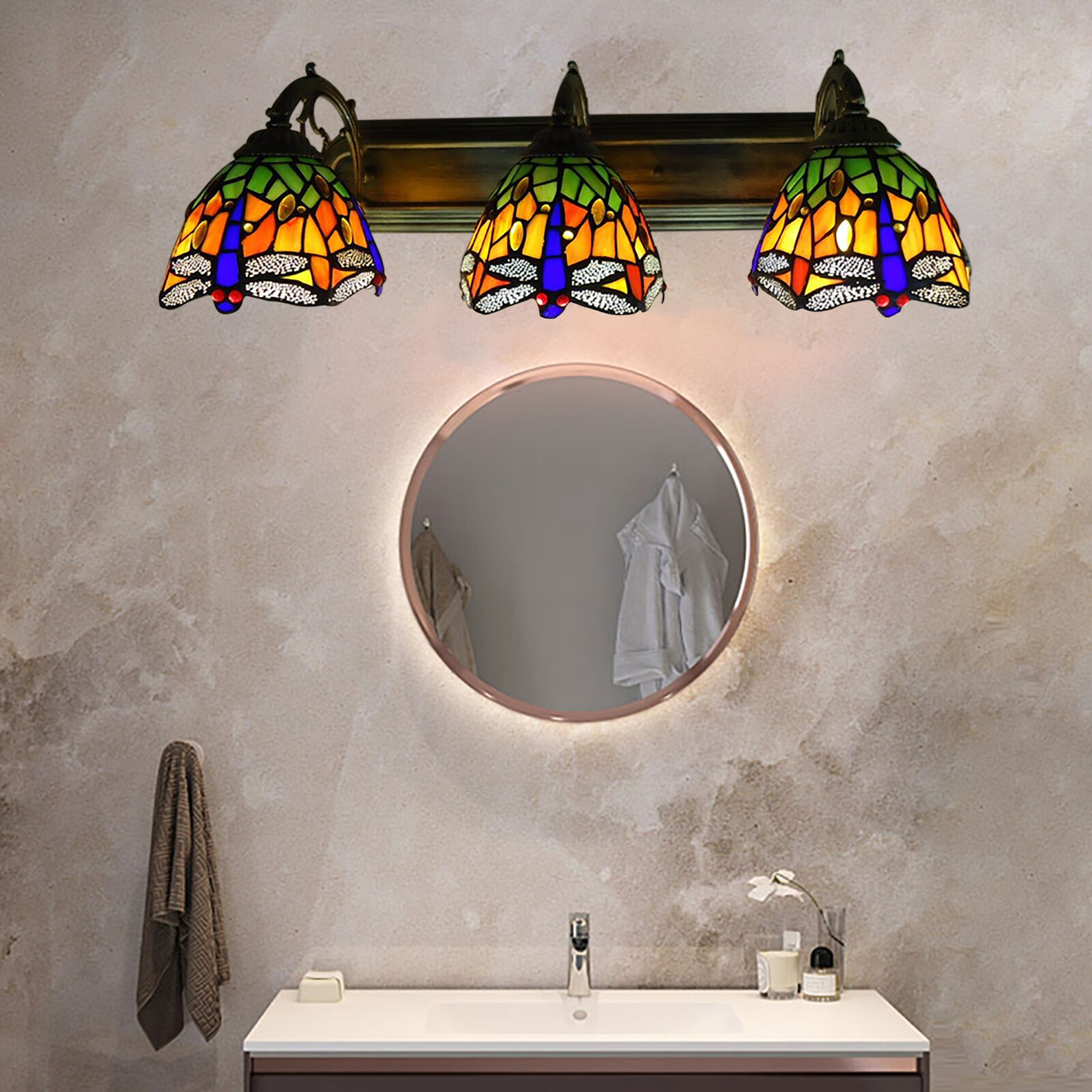 Wall Sconce Lamp Tiffany Vanity Light Fixtures 3-Light Stained Glass Lampshade