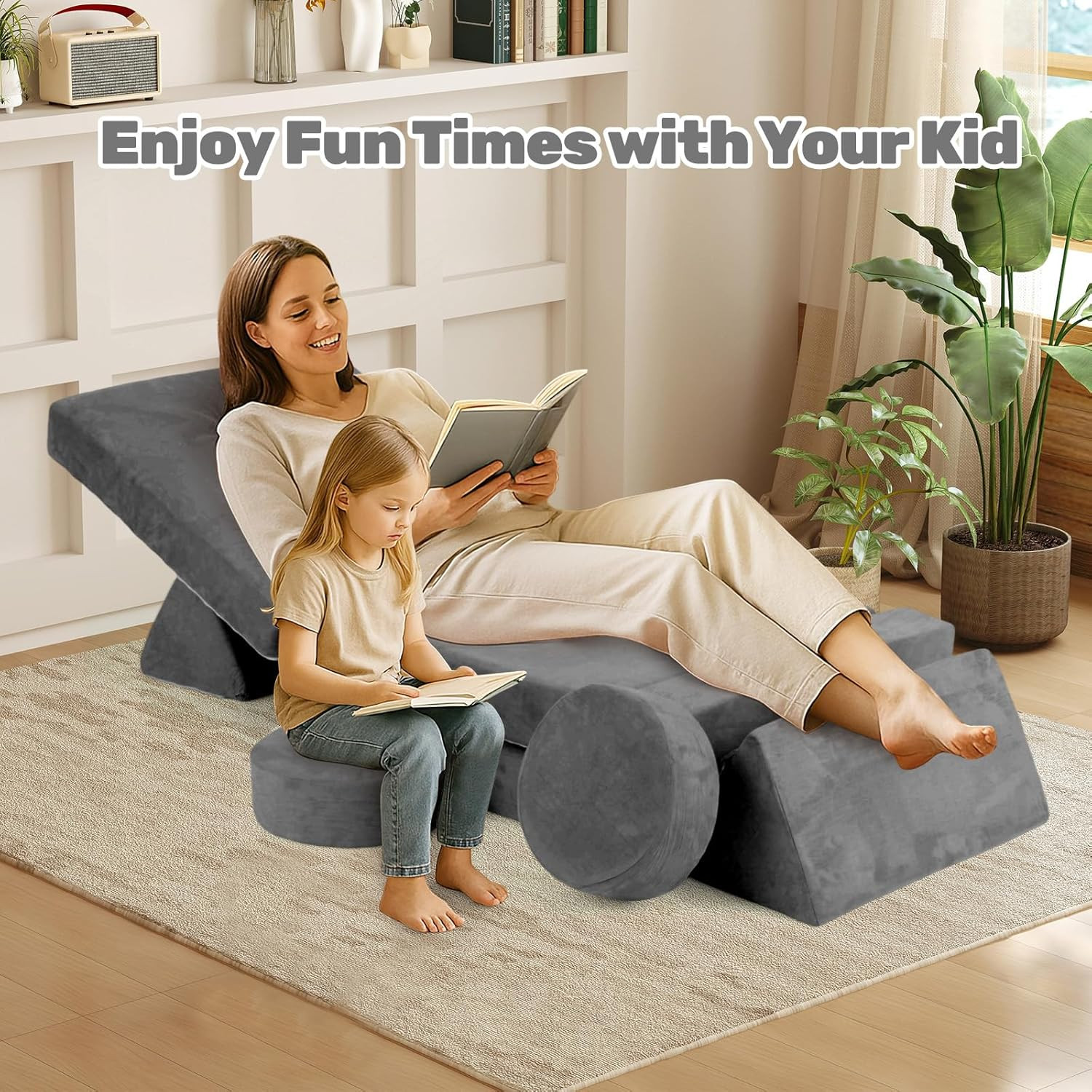 Modular Kids Play Couch - 13 PCS Soft Foam Sofa for Creative Play & Forts (Grey)