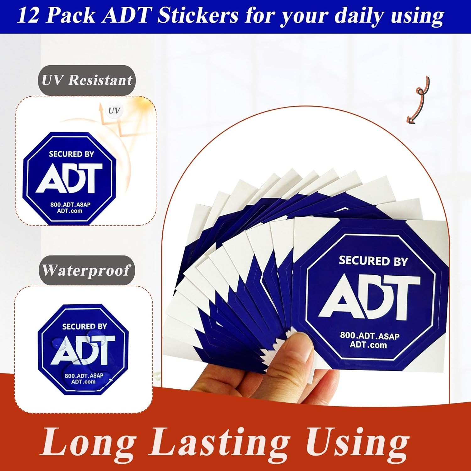 ADT Security Stickers - 12 Pack Double-Sided UV & Water Resistant Decals 3"x3