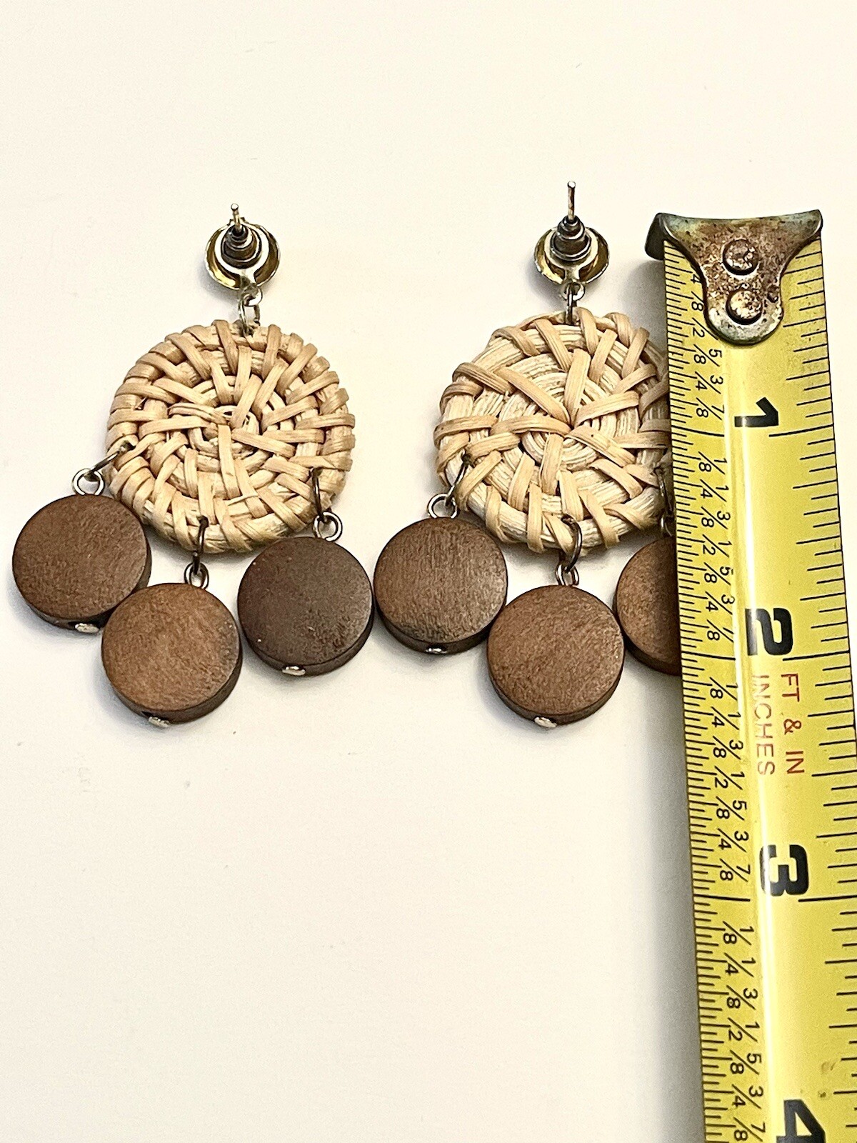 Retro Rattan Wicker Wood Dangle Pierced Earrings Boho