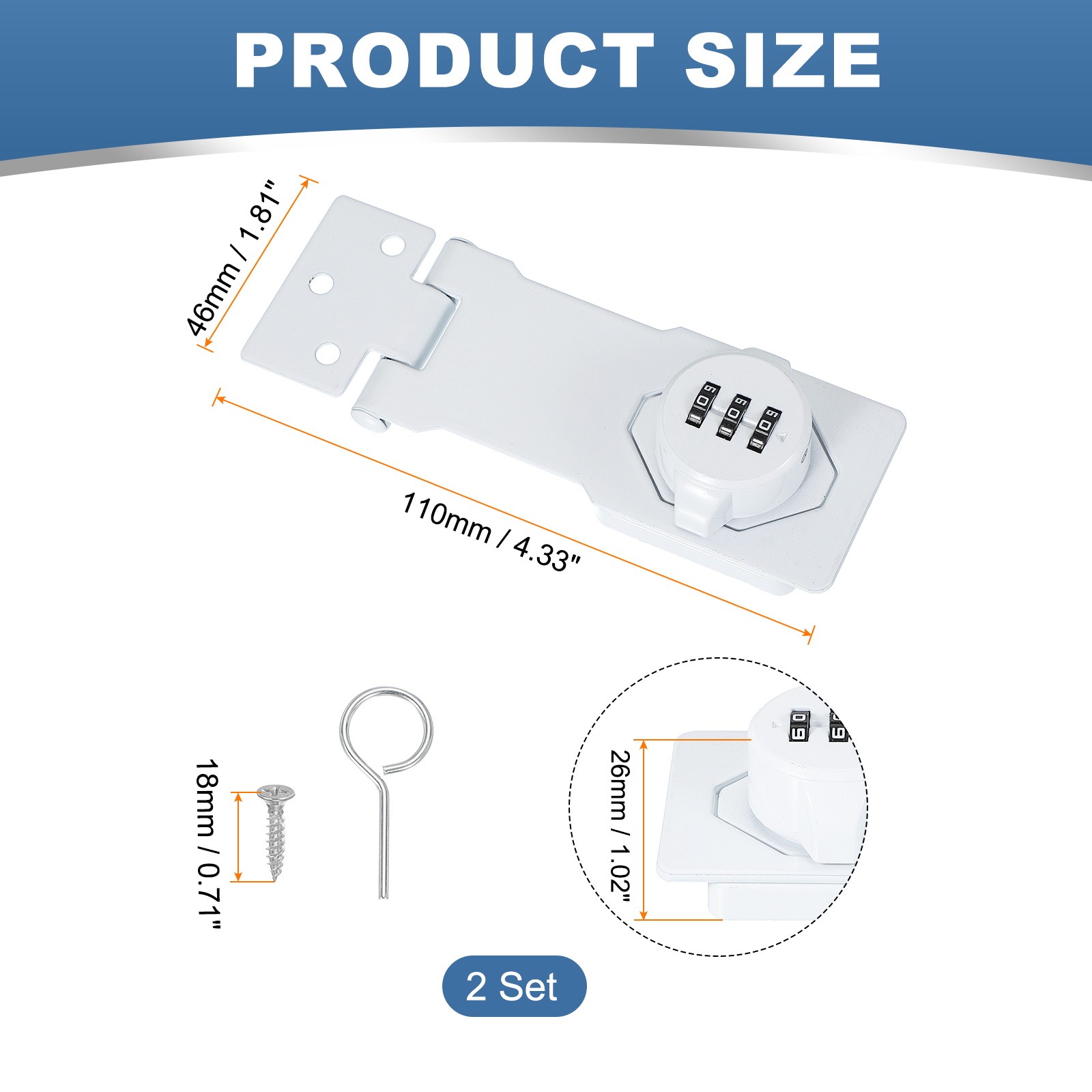 2 Pcs Password Rotary Hasp Locks Mechanical Cabinet Latch Locks 4.5" White