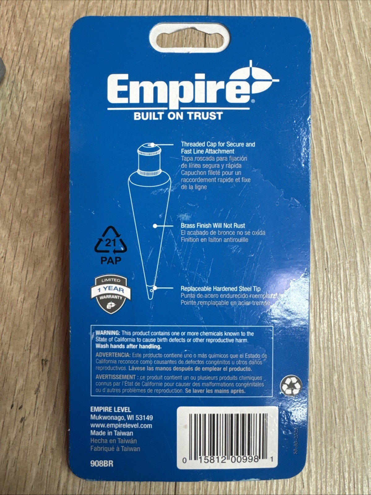 Plumb Bob Empire Level 908BR 8 Oz Solid Brass Replaceable Hardened Steel Tip NEW