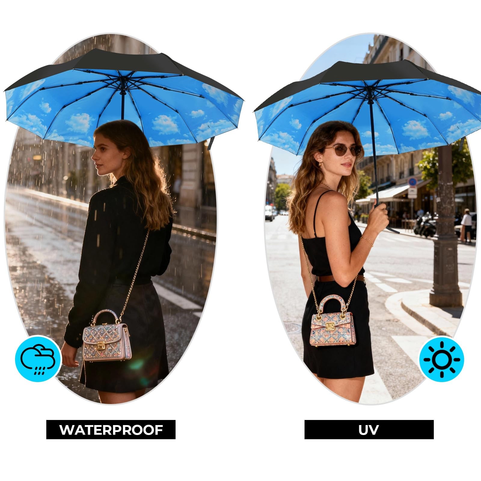Compact Travel Umbrella Auto Open Close Windproof UPF50 Plus Umbrella