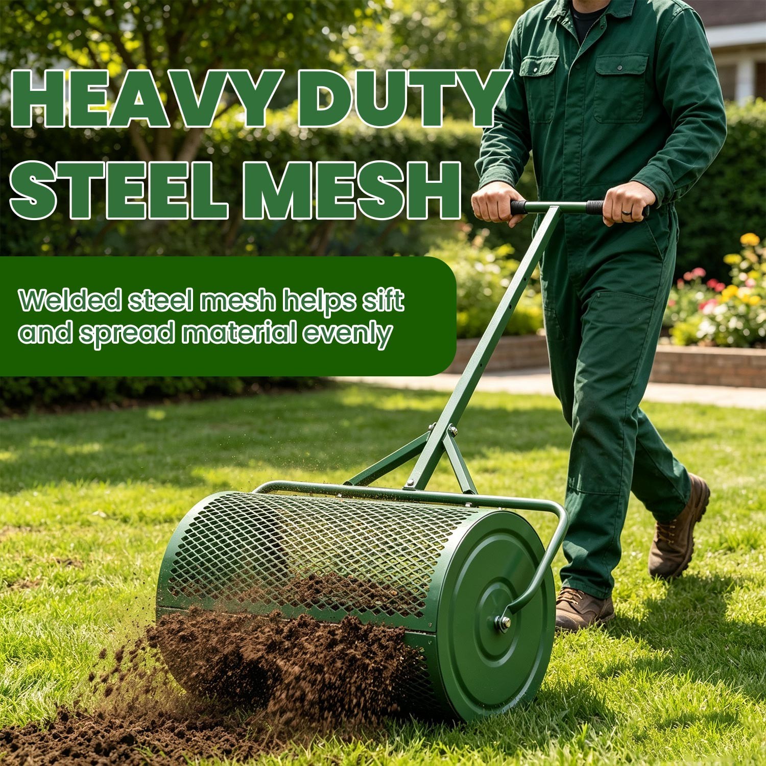 24" Peat Moss Spreader Heavy Duty Compost Roller Adjustable T Handle Lawn