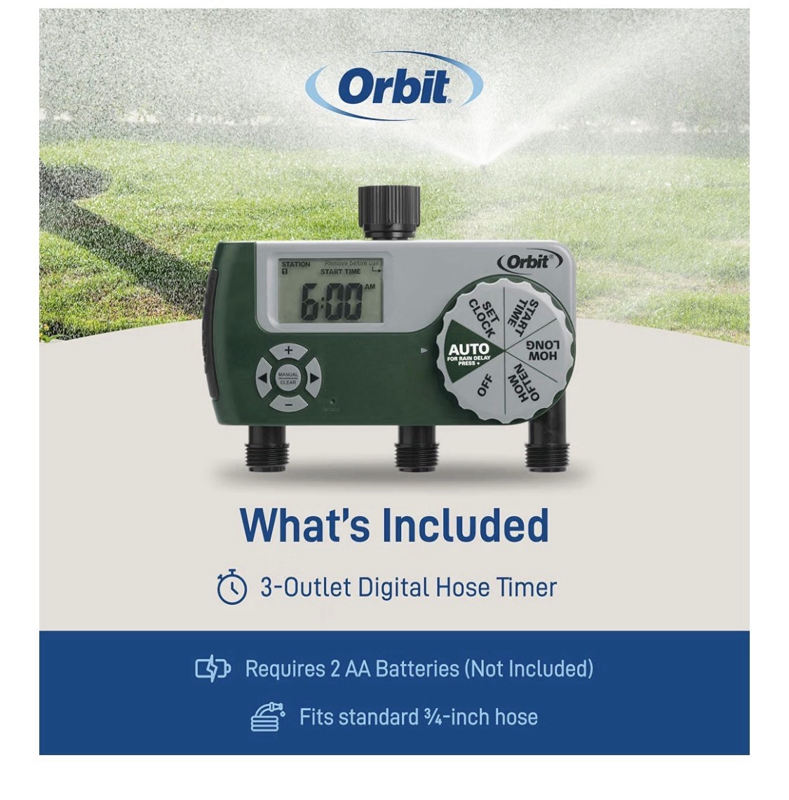 Orbit 56082 Programmable Digital Hose Watering Timer 3-Outlet With LCD Screen