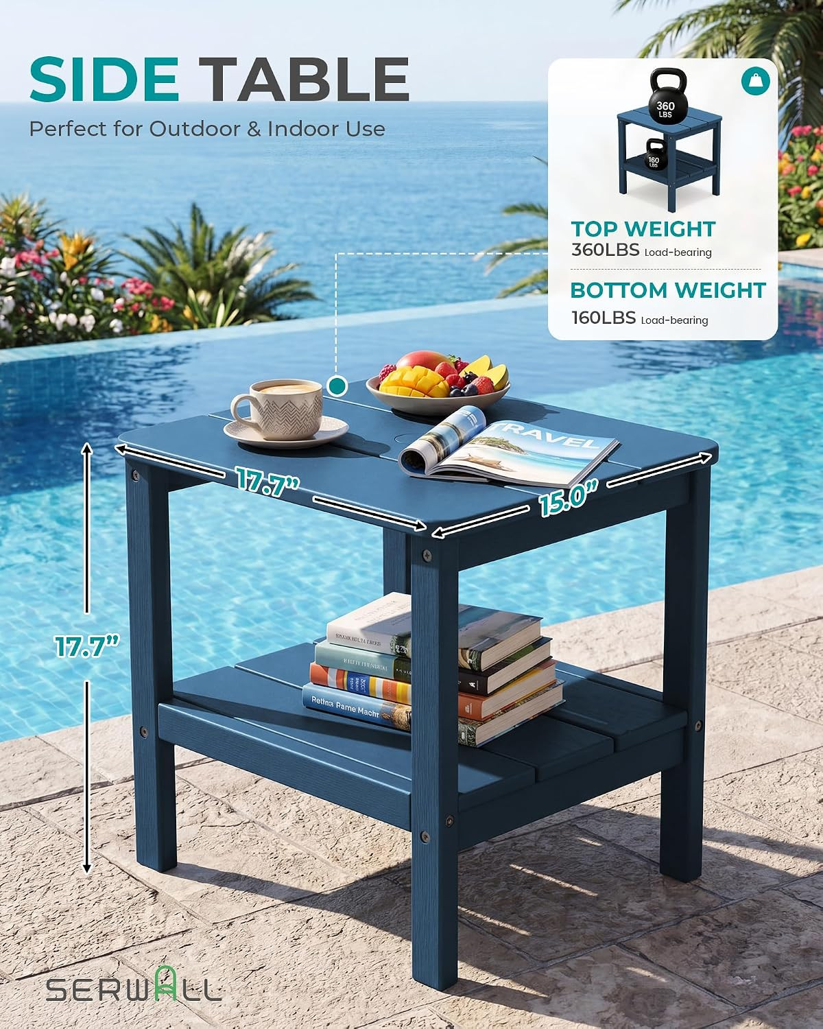 SERWALL Double Layer Adirondack Side Table with Umbrella Hole, HIPS Outdoor Side
